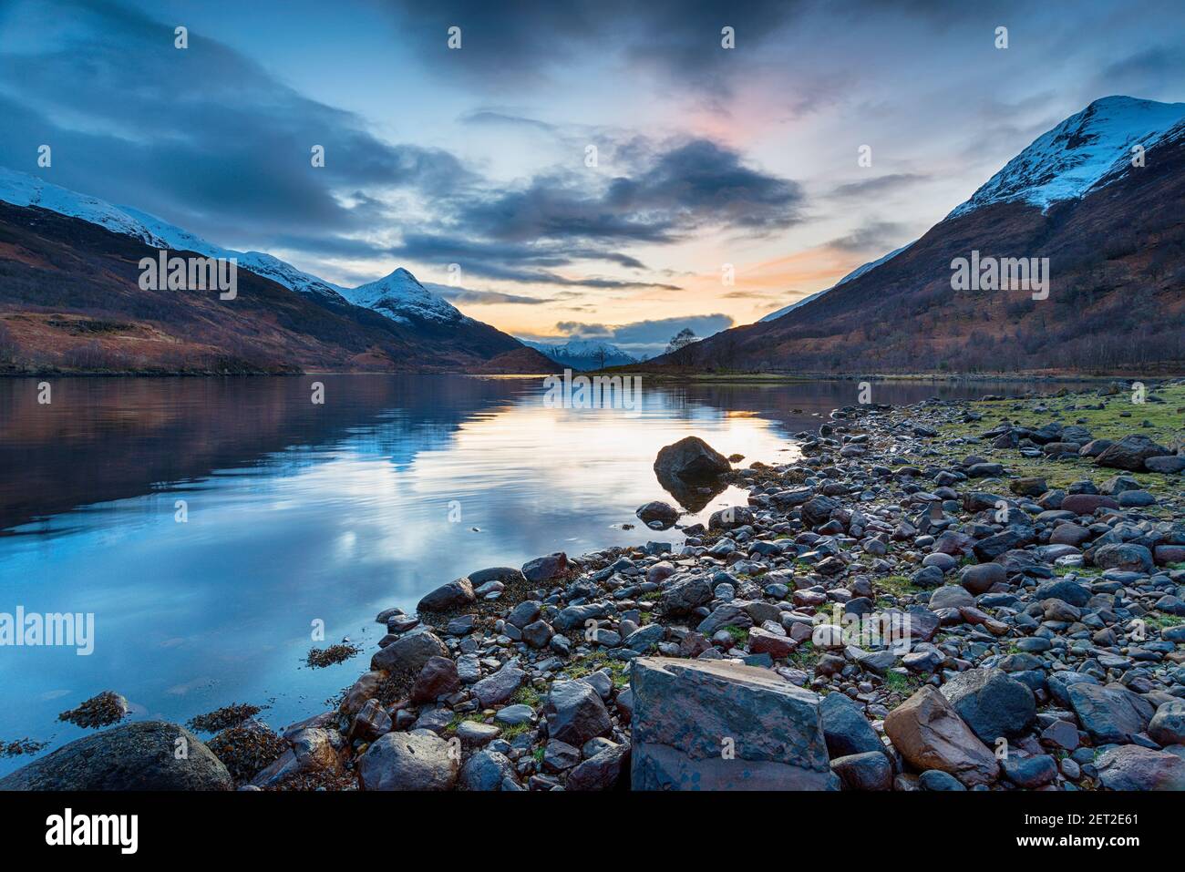 Winter sunset from the north shores of Loch Leven near Glencoe in the Scottsih Highlands Stock Photo