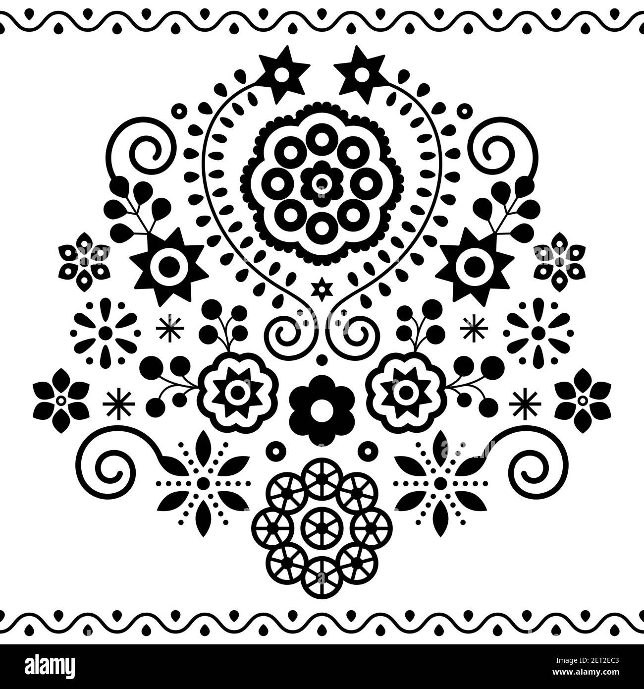Polish folk art vector design with flowers inspired by traditional highlanders embroidery Lachy Sadeckie - black and white greeting card or wedding in Stock Vector