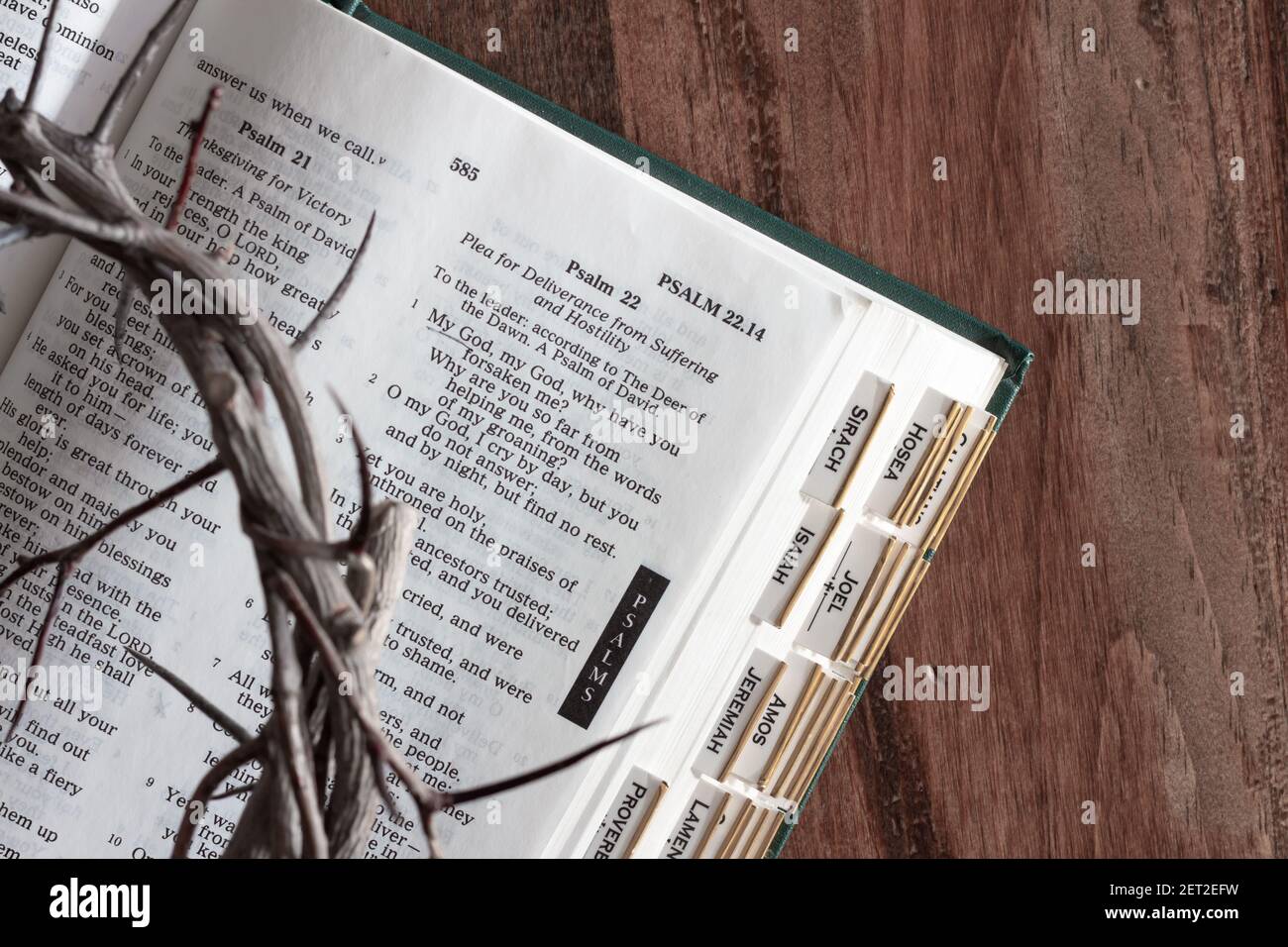 Close up of crown of thorns on open bible on dark wood background Stock Photo