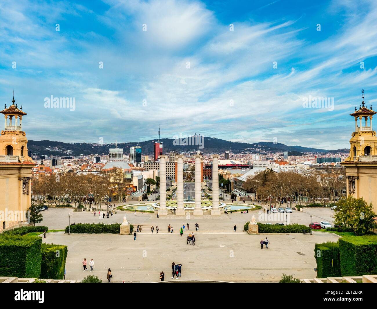 4 March 2020: Barcelona, Spain - View of Barcelona from the National Art Museum of Catalonia towards Plaça d'Espanya and Mount Tibidabo.. Stock Photo