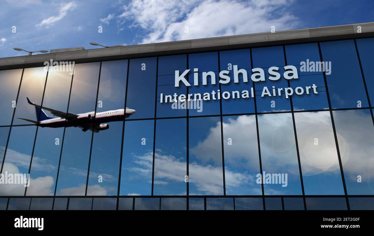 Jet aircraft landing at Kinshasa, Congo 3D rendering illustration
