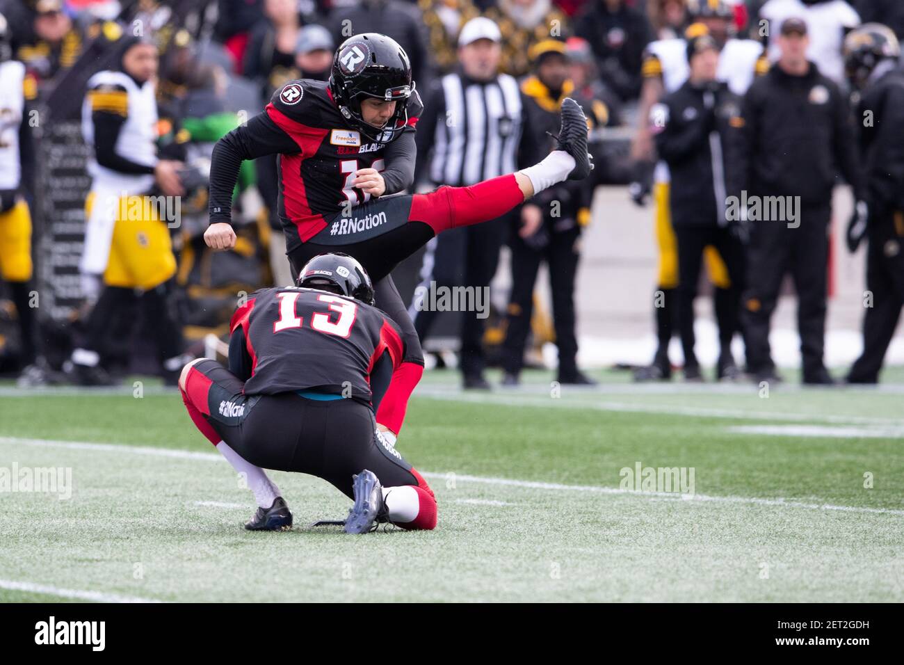 November 18, 2018 Ottawa Redblacks kicker Lewis Ward (10) boots a