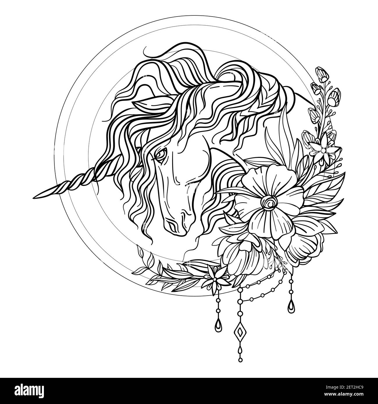 Head of the unicorn in profile with a long mane in floral frame. Vector black and white isolated contour illustration for coloring book pages, design, Stock Vector