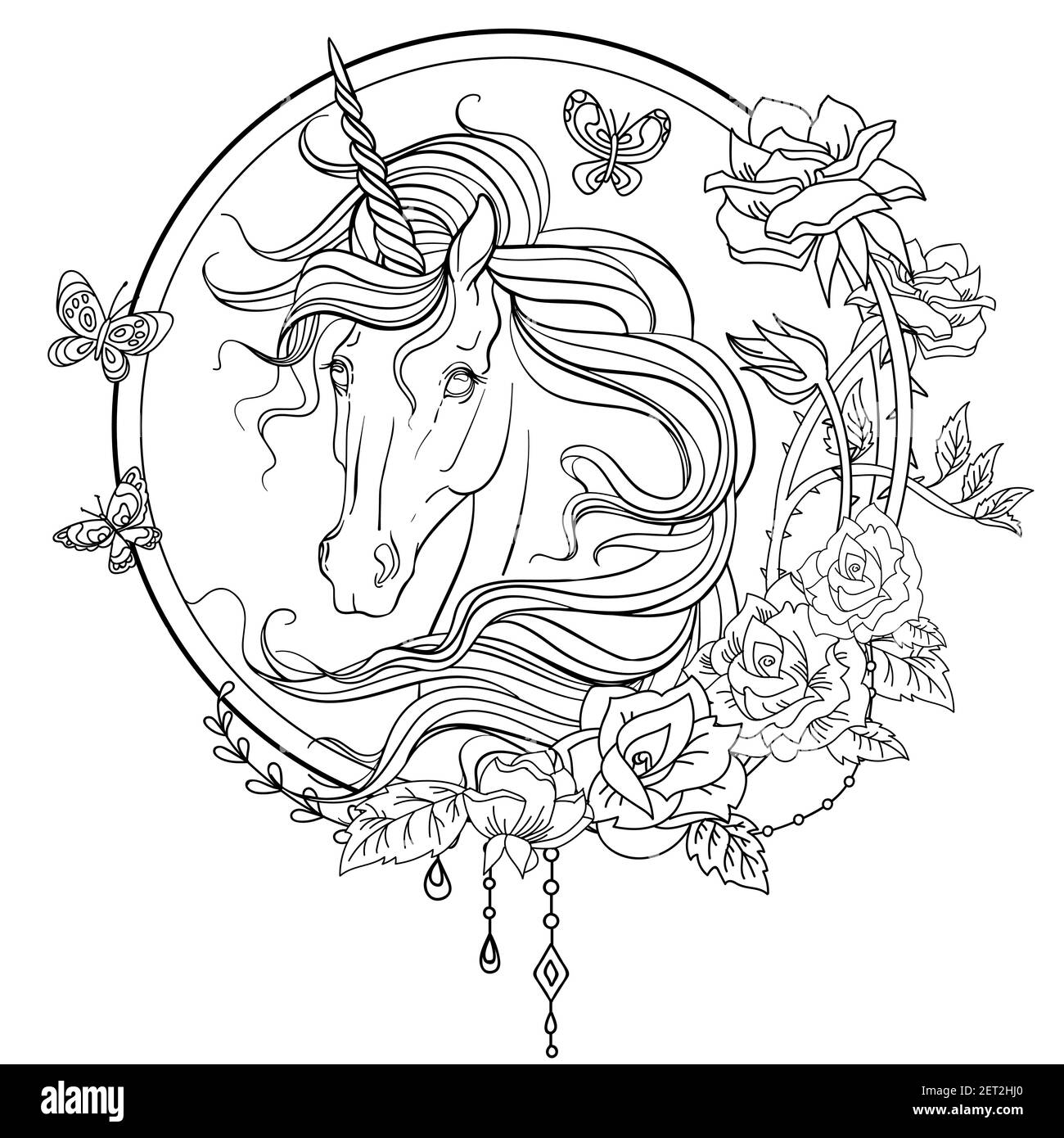 Elegant unicorn with a long mane with butterflies in floral frame. Vector black and white isolated contour illustration for coloring book pages, desig Stock Vector