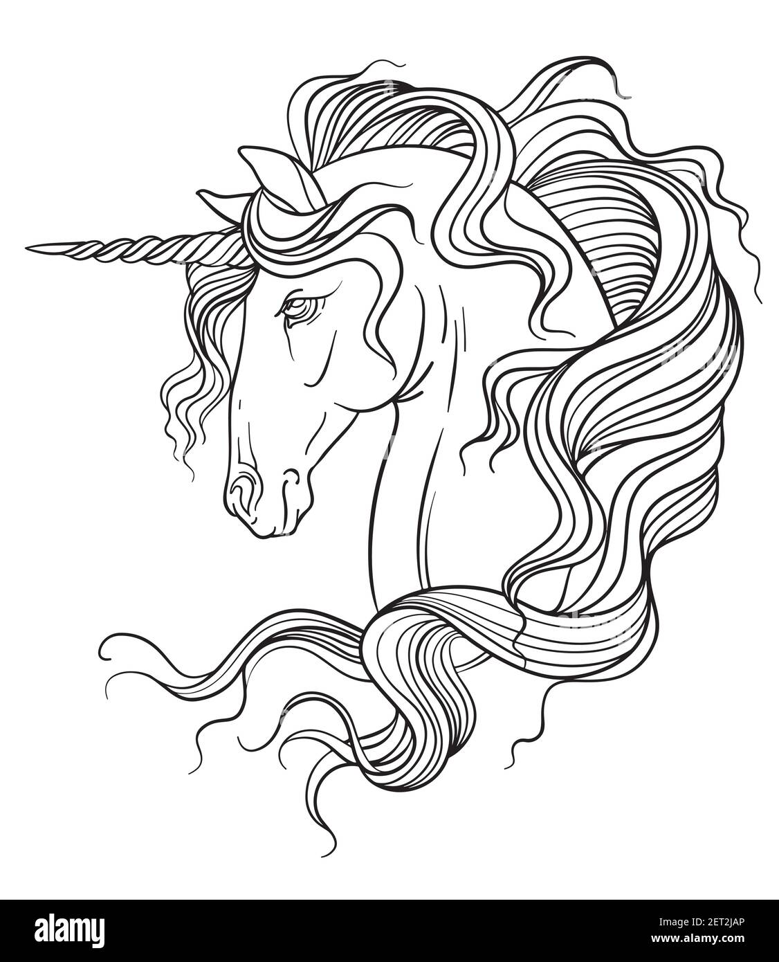 Elegant head of the unicorn with a long mane. Vector black and white isolated contour illustration for coloring book pages, design, prints, posters, p Stock Vector