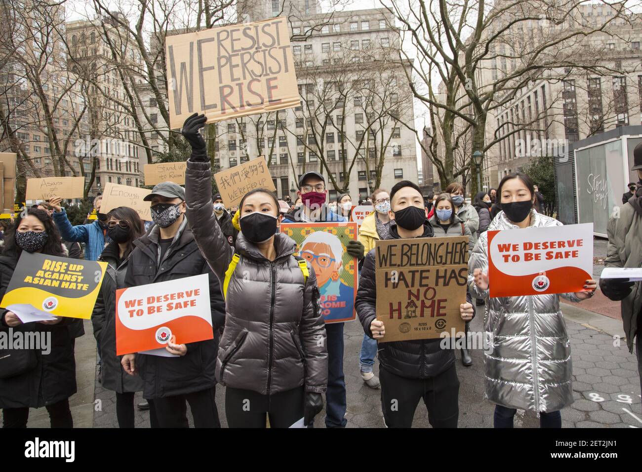 Hundreds rallied in Manhattan to condemn COVID-19 related anti-Asian hate crimes that have sprung up in NYC and around the country. Many accuse President Trump of fanning the flames of hate by referring to Covid-19 as 'kung flu' or the China flu. Stock Photo