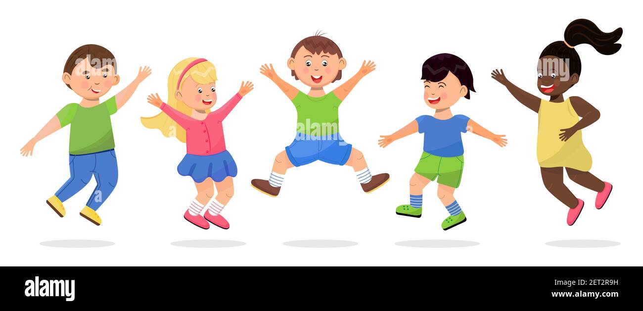Happy school kids jumping. Cartoon children has fun, runs, jumps, plays.  Boys and girls illustration vector isolated on white background. Diversity  so Stock Vector Image & Art - Alamy
