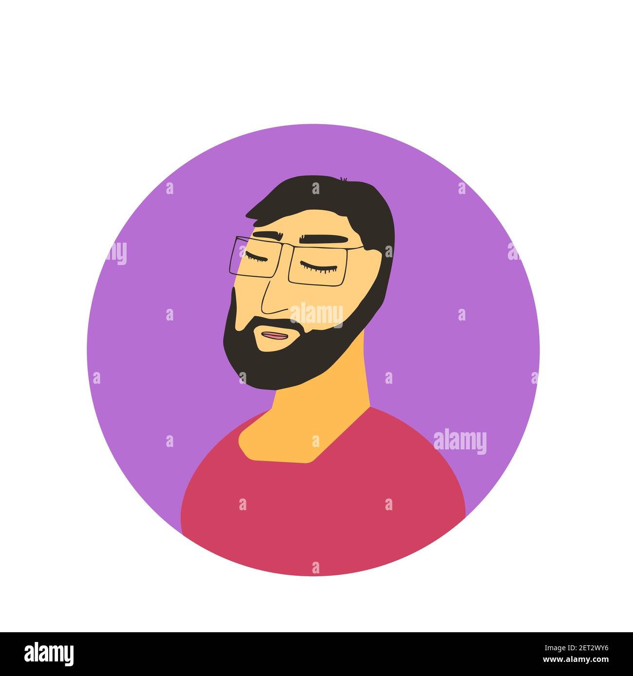 Male avatar icon. Face of bearded young man with glasses. Man's head in round emblem. Vector flat illustration. Stock Vector