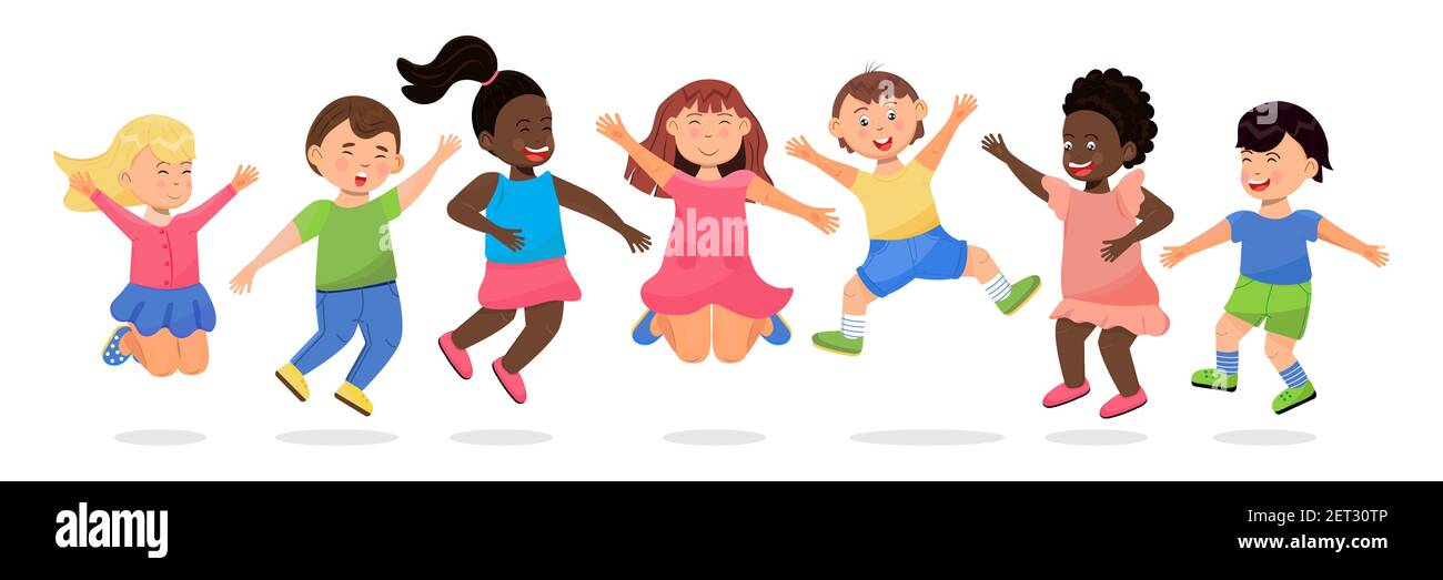 Happy school kids jumping. Cartoon children has fun, runs, jumps, plays. Boys and girls illustration vector isolated on white background. Diversity so Stock Vector Image & Art - Alamy Happy school kids jumping. Cartoon children has fun, runs, jumps, plays. Boys and girls illustration vector isolated on white background. Diversity so Stock Vector Image & Art - Alamy