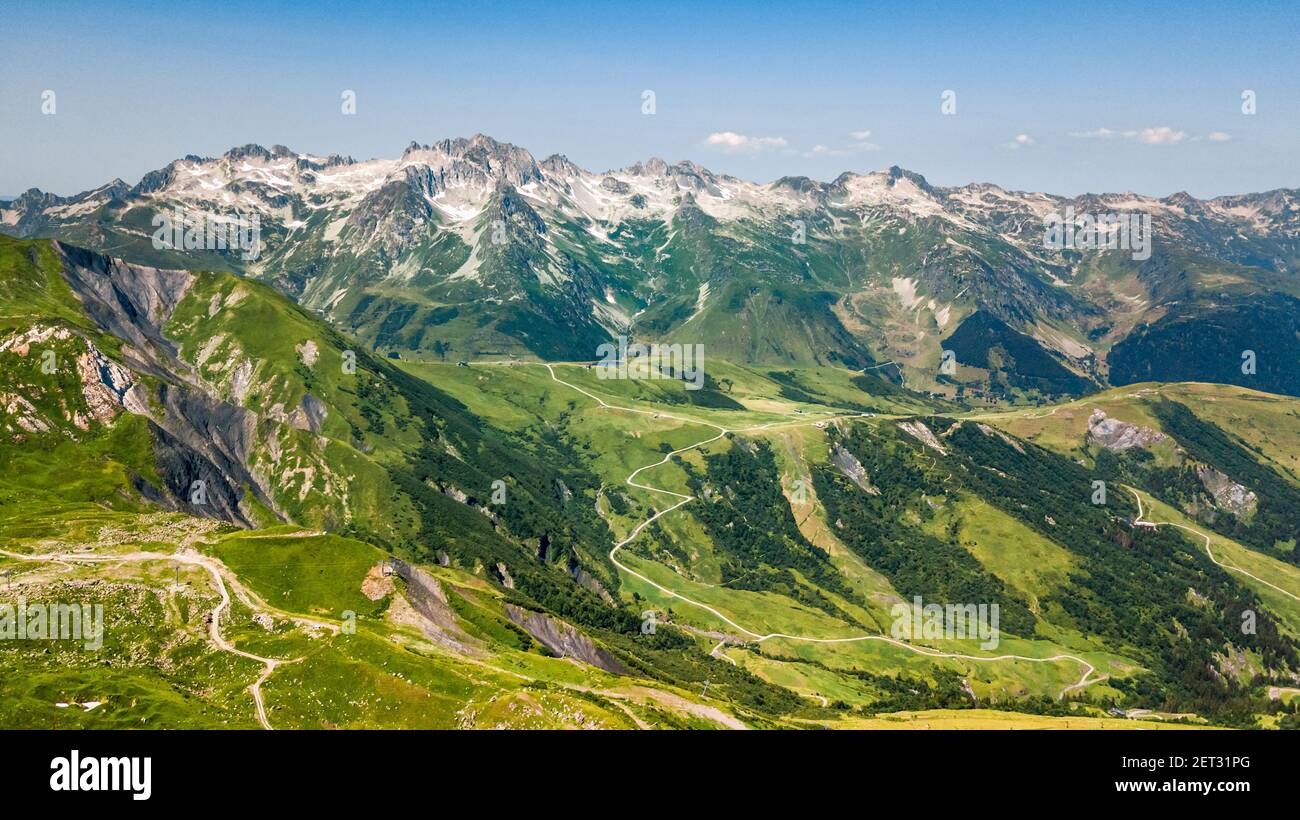 Panoramic drone view of the french Alps in Valmorel France Stock Photo