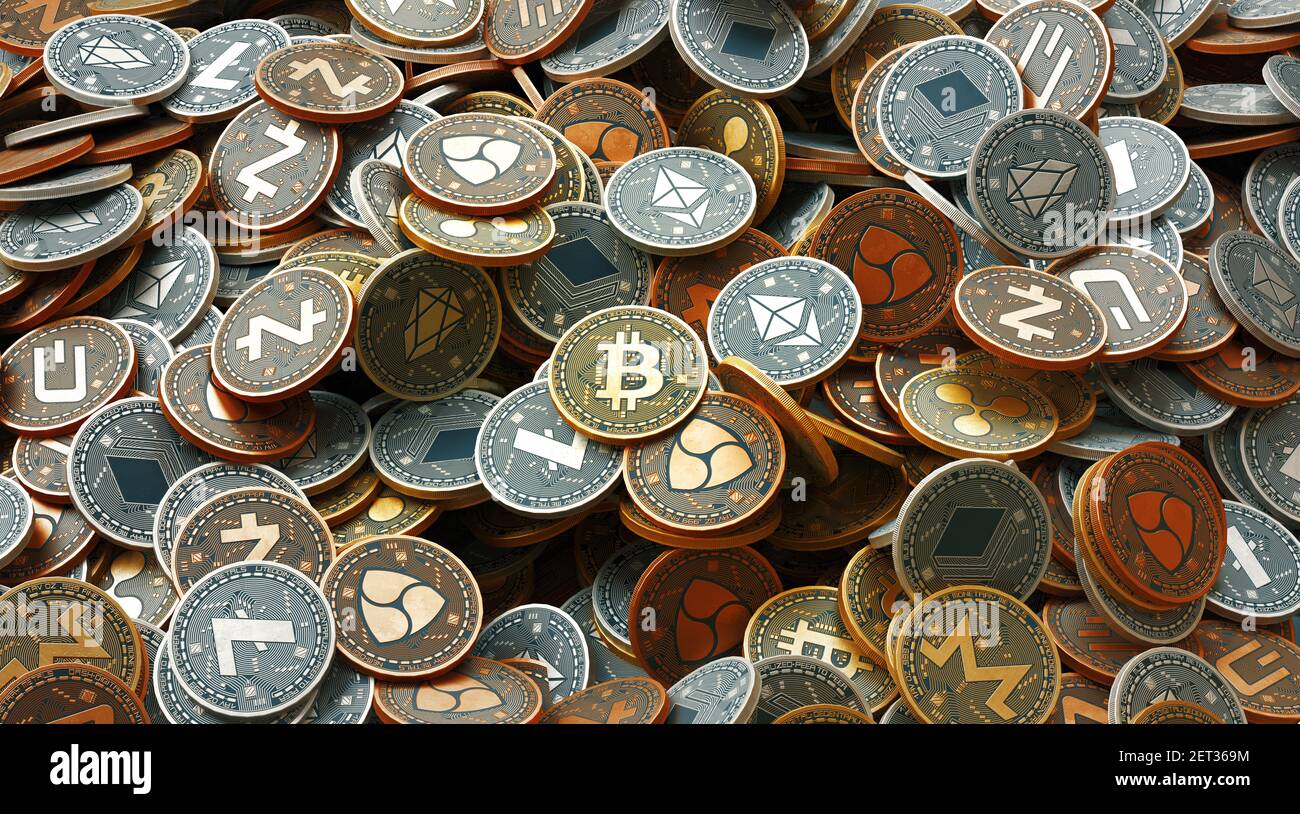 Milan, Italy: February 26, 2021: Crypto Currency. A lot of Coins, Bitcoin, EOS, Dash, Litecoin, NEM, Ripple, Ethereum, Monero, Stratis, Zcash. 3d Stock Photo