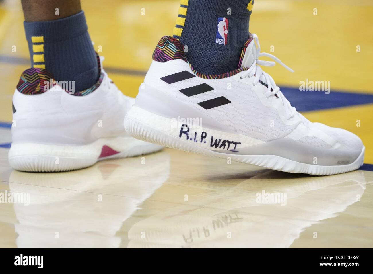 November 24, 2018; Oakland, CA, USA; Detail view of Adidas shoes worn by  Golden State Warriors forward Kevon Looney (5) during the second quarter  against the Sacramento Kings at Oracle Arena. Mandatory