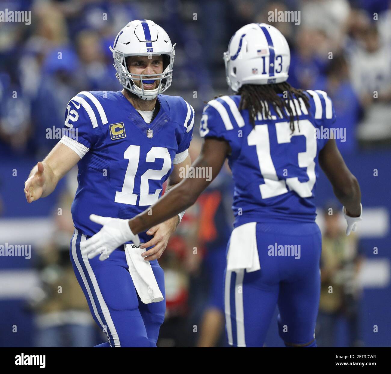 Indianapolis Colts quarterback Andrew Luck (12) celebrates a score with Indianapolis Colts wide