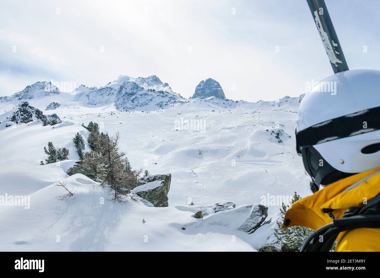 Ascending with chairlift in Grand Montets ski resort in France Stock Photo