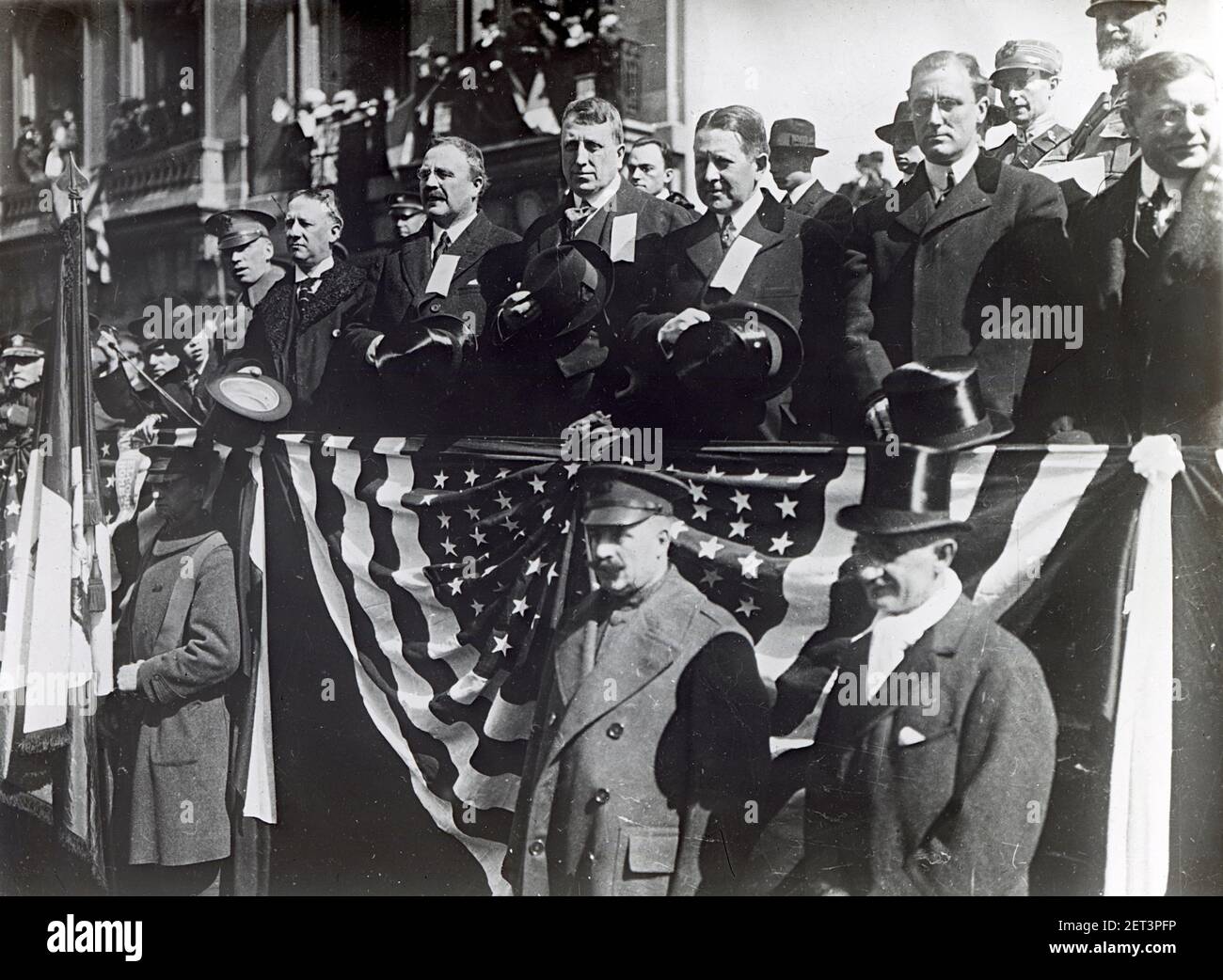Antique 1914 photograph shows Assistant Secretary of Navy Franklin Delano Roosevelt (middle row, second from right) on June 30, 1914 at a patriotic event. SOURCE: GLASS SLIDE Stock Photo