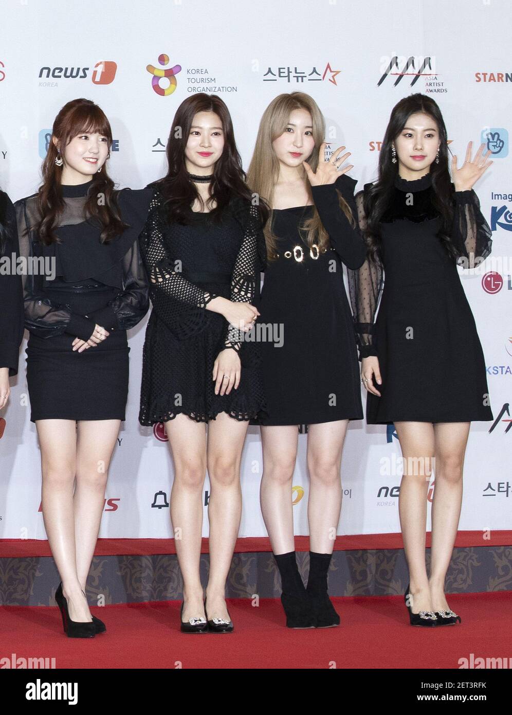 28 November 2018 - Incheon, South Korea : (L to R) Japanese vocal Honda  Hitomi, South Korean vocal Kim Min-Ju, Lee Chae-Yeon and Kang Hye-Won,  members of K-Pop girl group IZ*ONE, attend