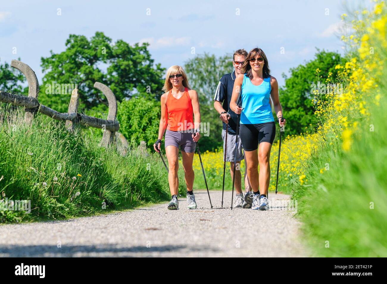 Nordic Walking session in springtime nature Stock Photo
