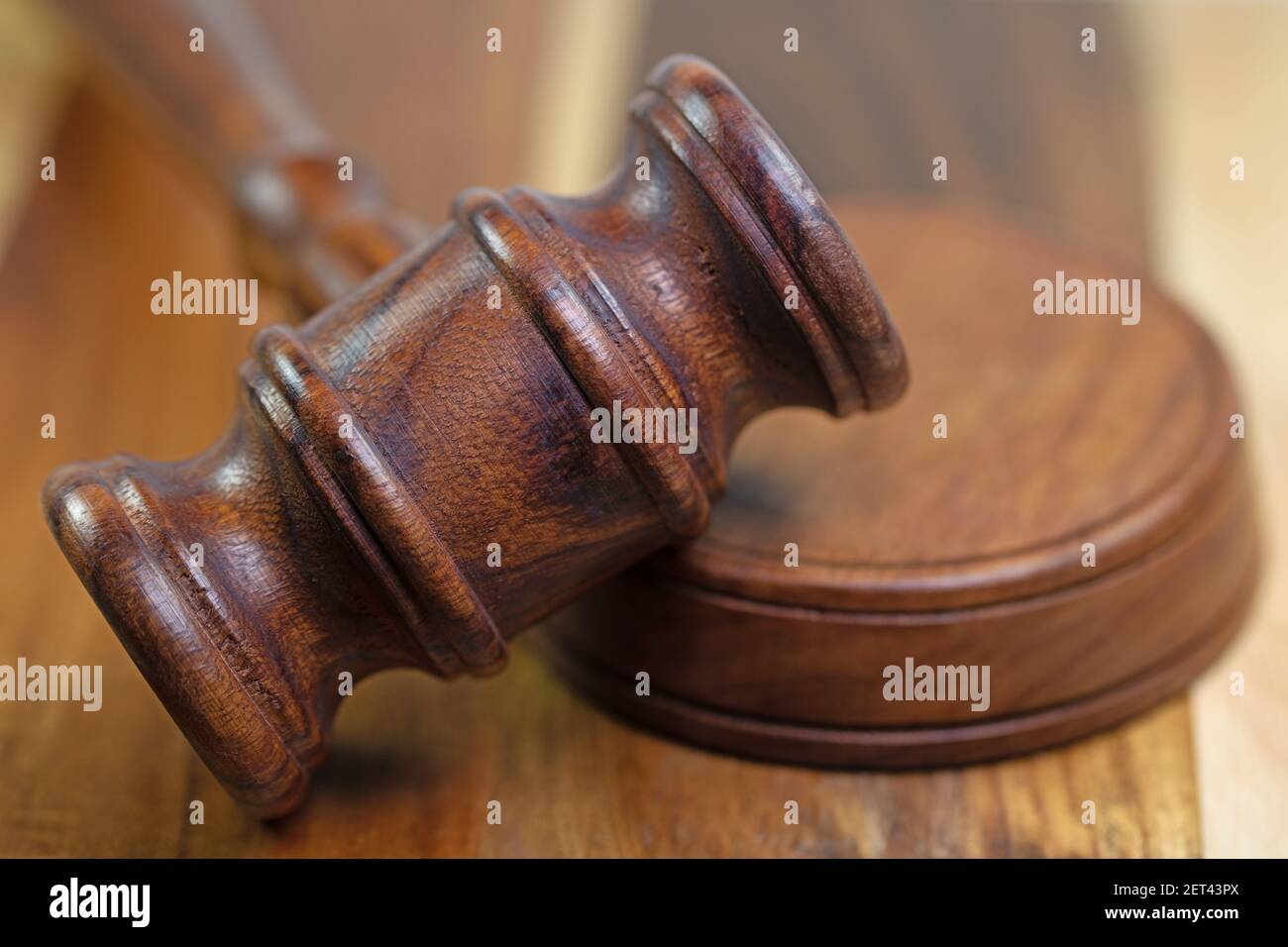 Judge's gavel and resonance block in a close-up Stock Photo