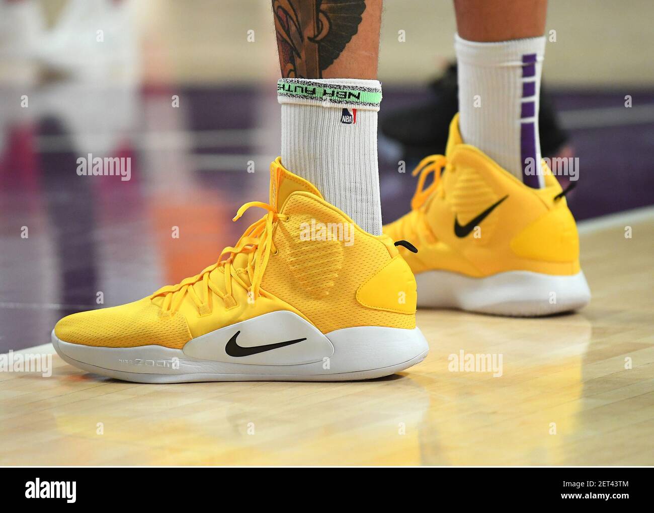Nov 29, 2018; Los Angeles, CA, USA; Nike basketball sneakers worn by Los  Angeles Lakers center JaVale McGee (7) are seen during a game against the  Indiana Pacers at Staples Center. Mandatory