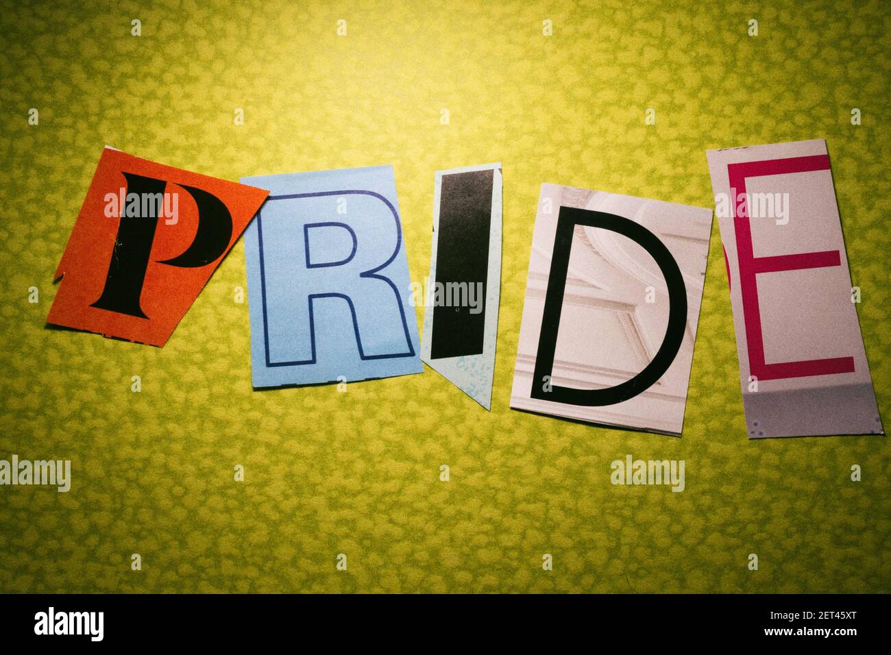 The word 'Pride' using cut-out paper letters in the ransom note effect typography, USA Stock Photo