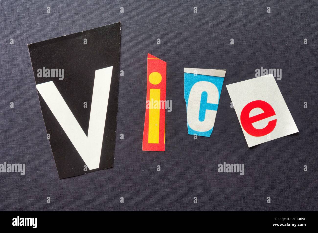 The word 'VICE' using cut-out paper letters in the ransom note effect typography, USA Stock Photo
