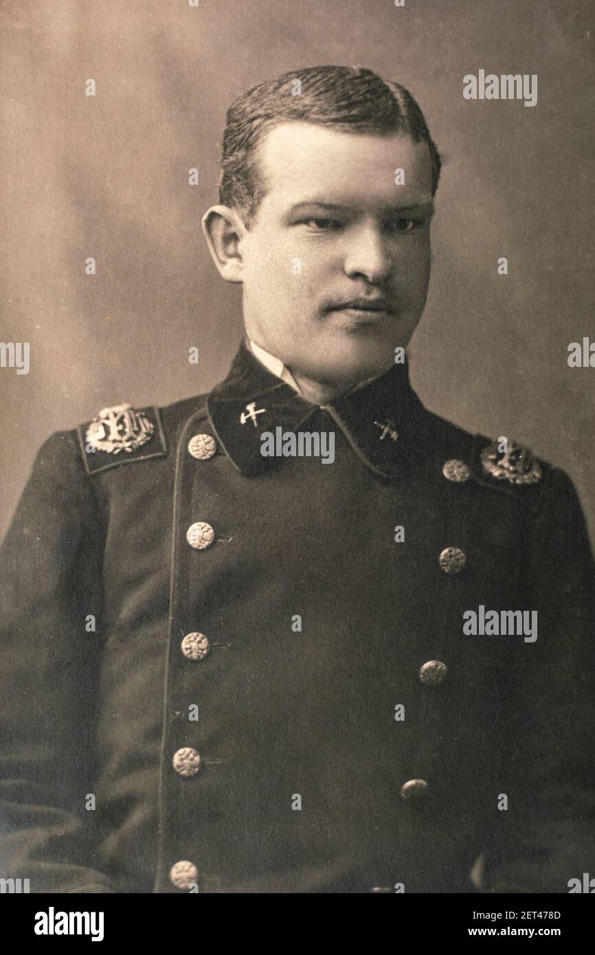 Russia - CIRCA 1910-1918: Handsome young man polytechnicum technical university student. Russian antique photo Carte de Viste cabinet card. Edwardian Stock Photo