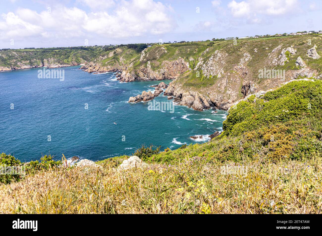 The beautiful rugged south coast of Guernsey, Channel Islands UK viewed from Icart Point Stock Photo