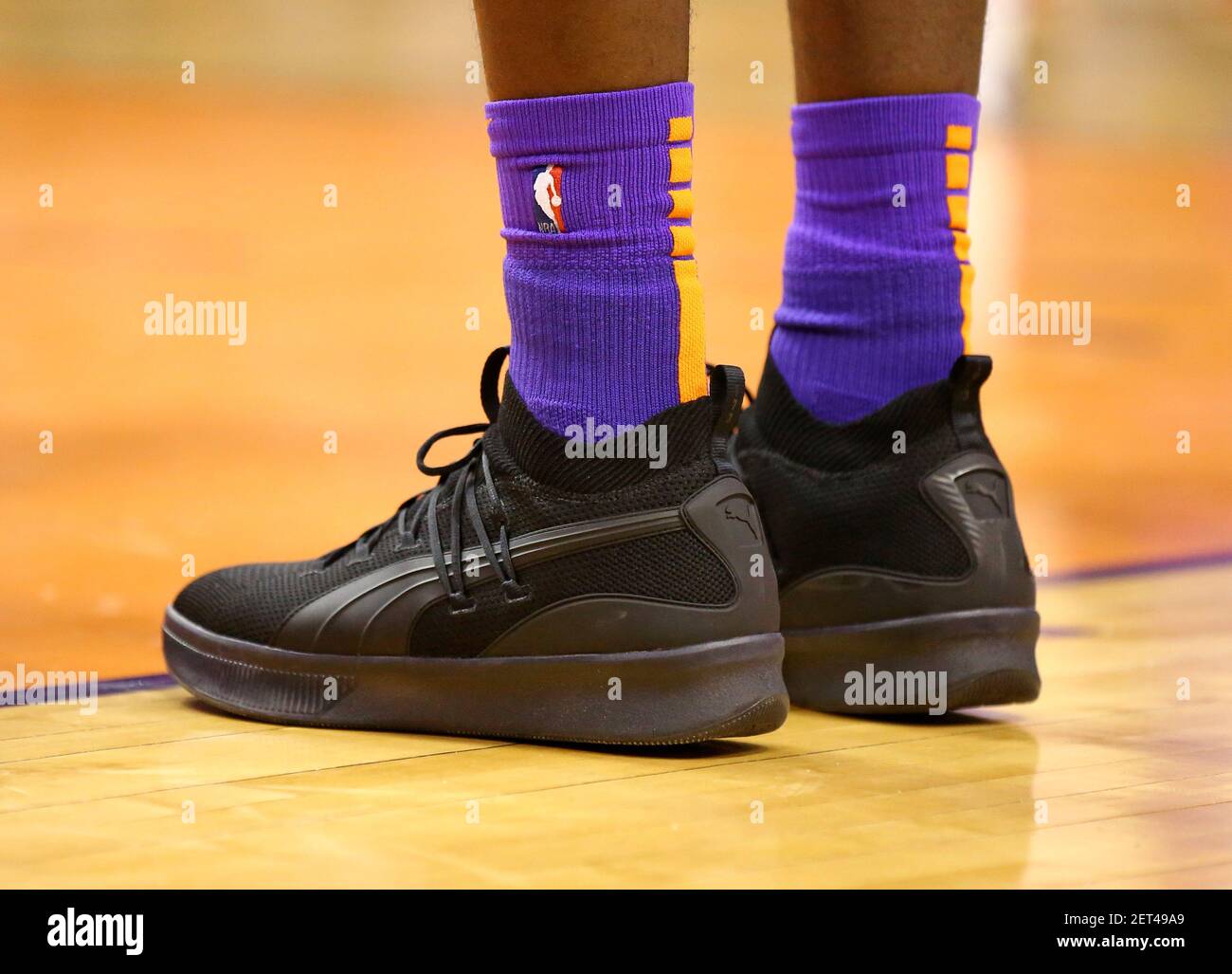 Nov 30, 2018; Phoenix, AZ, USA; Detailed view of the Puma basketball shoes  worn by Phoenix Suns center Deandre Ayton (22) against the Orlando Magic in  the first half at Talking Stick