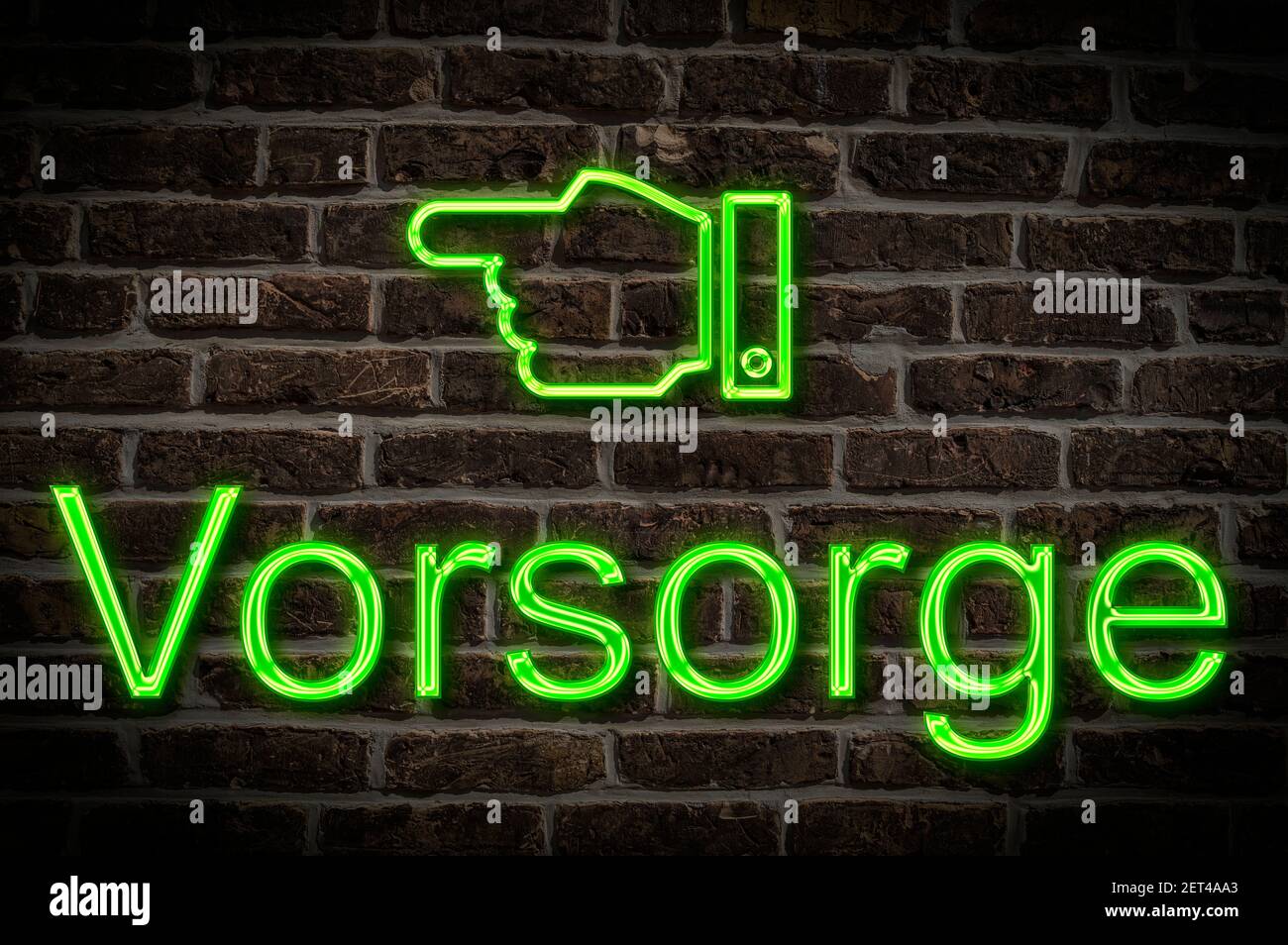 Detail photo of a neon sign on a wall with the inscription Vorsorge (Prevention) Stock Photo