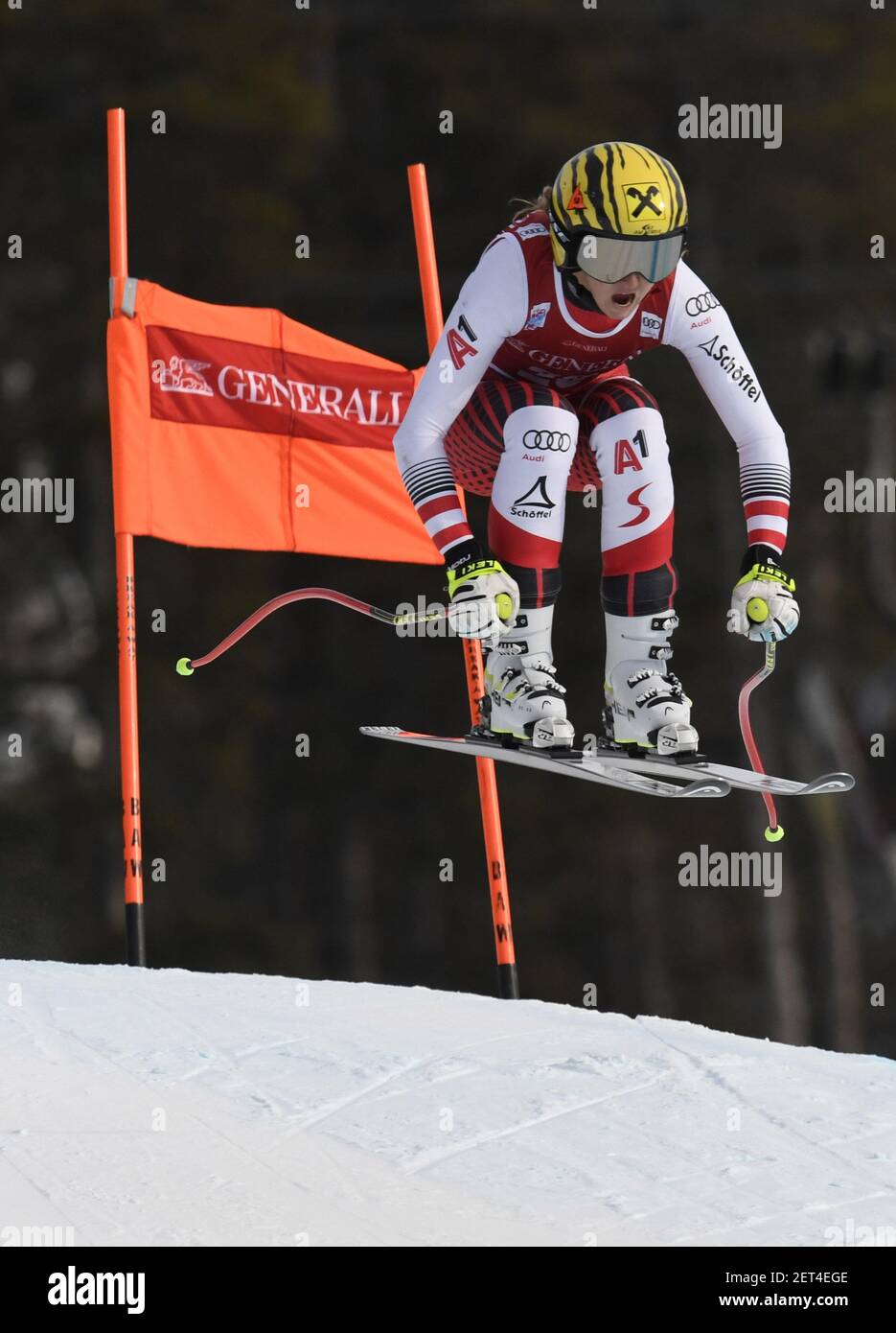 Dec 1, 2018; Lake Louise, Alberta, CAN; Nina Ortlieb of Austria in the  ladies downhill race in the 2018 FIS alpine skiing world cup at Lake Louise  Ski Resort. Mandatory Credit: Eric