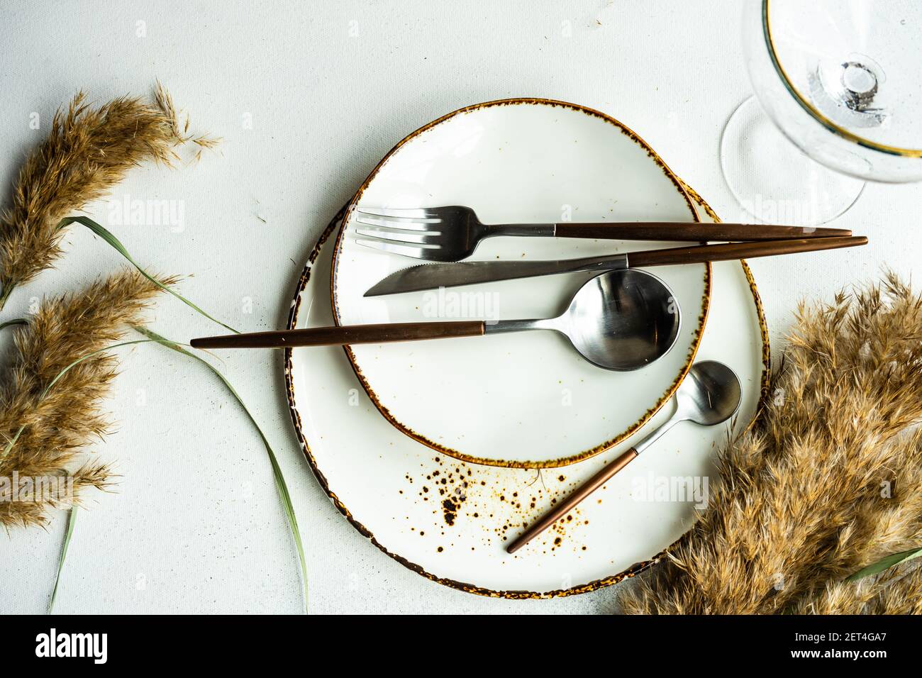 Overhead view of a rustic place setting on a table Stock Photo