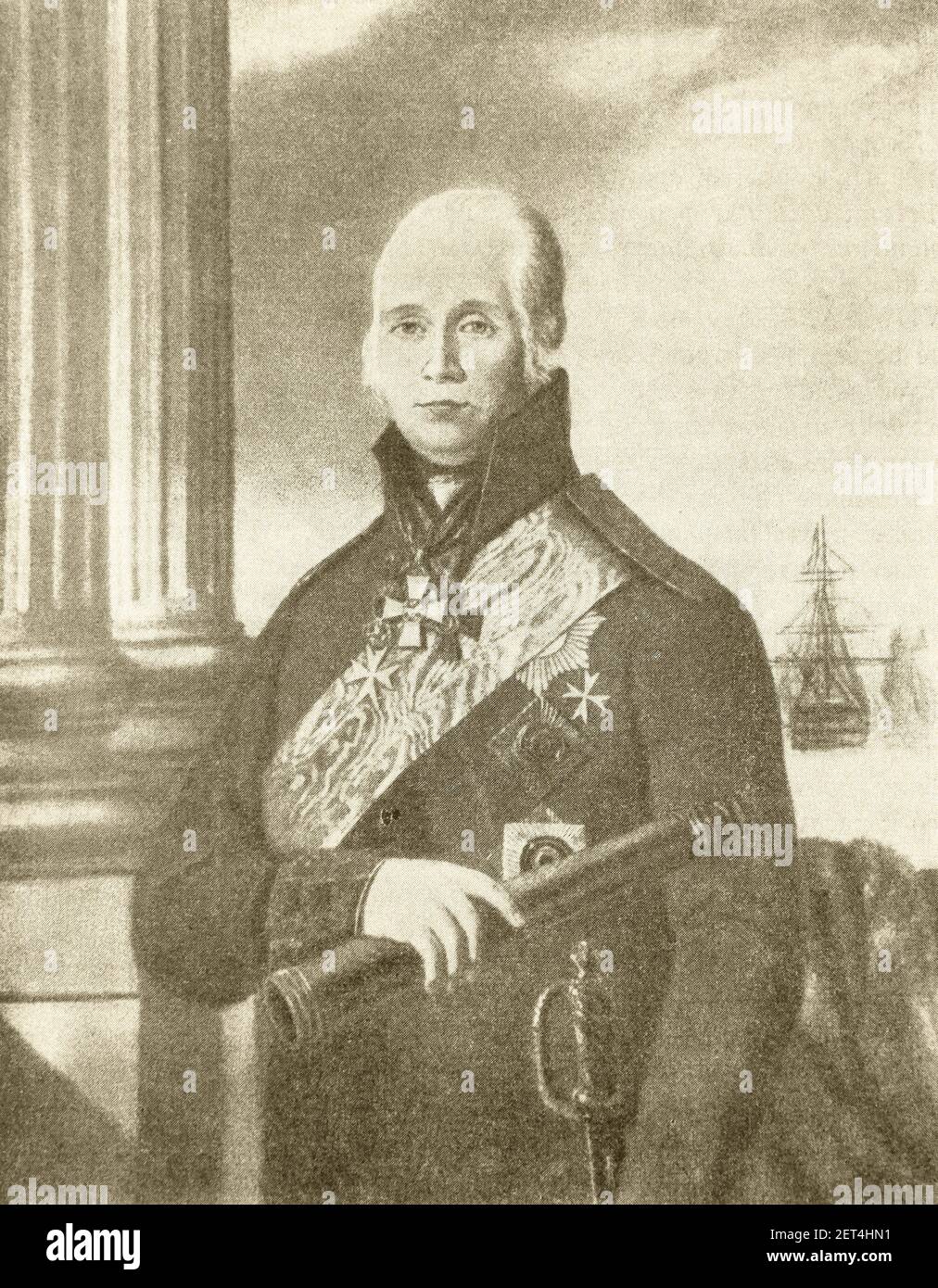 Portrait of Fyodor Ushakov. Lithograph of the 19th century. Fyodor Fyodorovich Ushakov (1745 – 1817) was the most illustrious Russian naval commander and admiral of the 18th century. He is notable for winning every engagement he participated in as the Admiral of the Russian fleet. Stock Photo