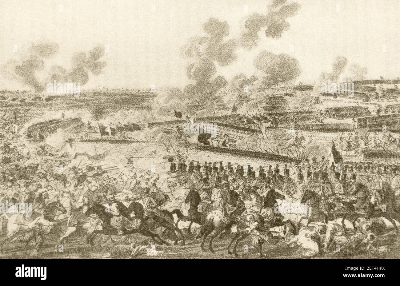 The Battle of Rymnik. The engraving of the 18th century. The Battle of Rymnik (Turkish: Boze Savaşı) on September 22, 1789 took place in Wallachia, near Râmnicu Sărat (now in Romania), during the Russo-Turkish War of 1787-1792. The Russian general Alexander Suvorov, acting together with the Habsburg general Prince Josias of Coburg, attacked the main Ottoman army under Grand Vizier Cenaze Hasan Pasha. The result was a crushing Russo-Austrian victory. Stock Photo