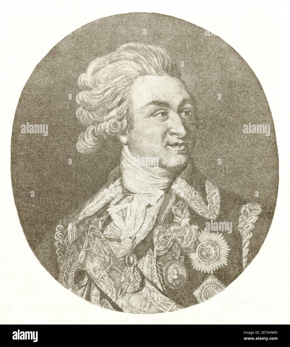Portrait of Grigory Potemkin. The engraving of the 18th century. Prince Grigory Aleksandrovich Potemkin-Tauricheski (1739 – 1791) was a Russian military leader, statesman, nobleman and favourite of Catherine the Great. He died during negotiations over the Treaty of Jassy, which ended a war with the Ottoman Empire that he had overseen. Stock Photo