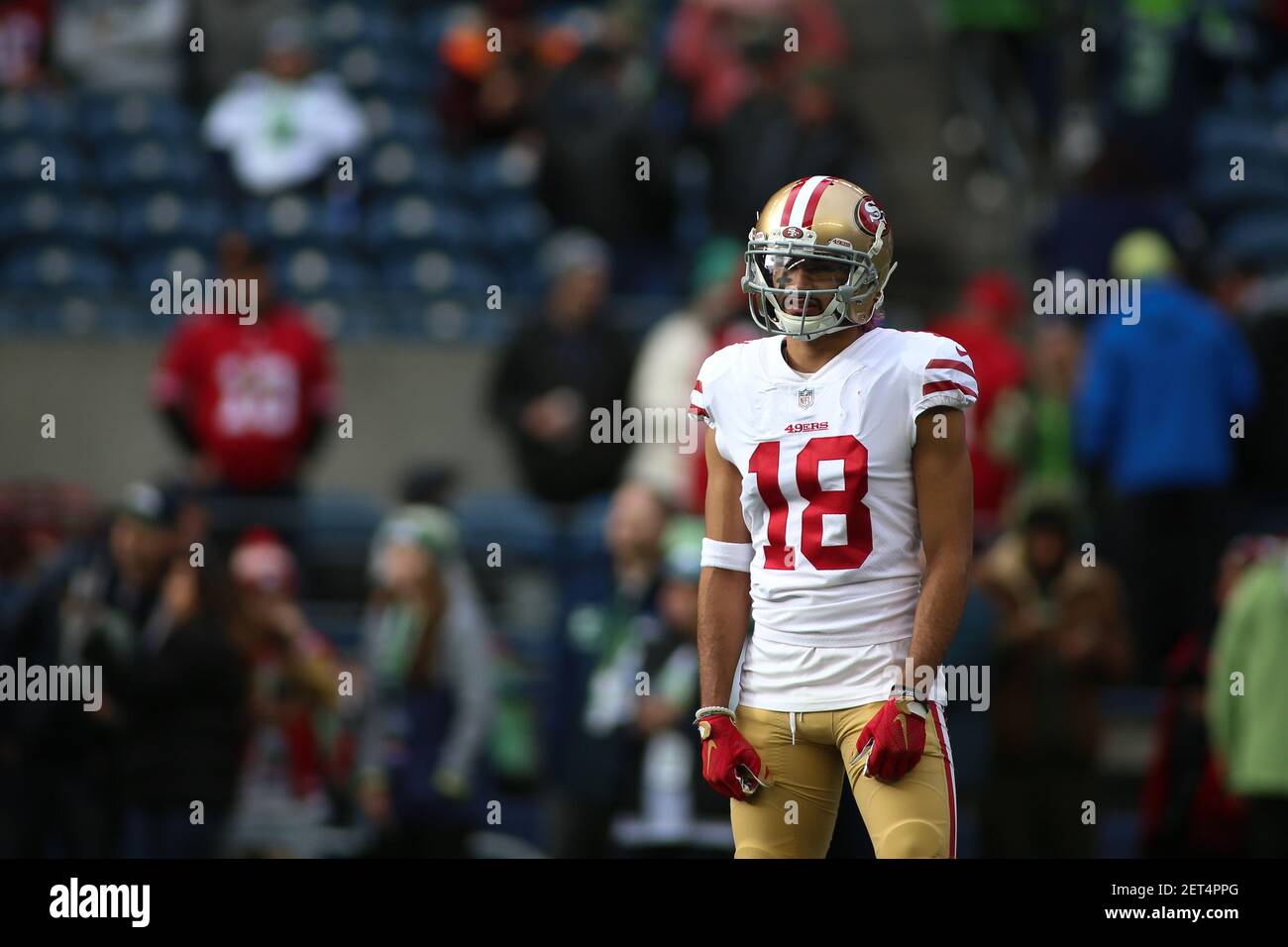 December 2, 2018: Seattle Seahawks wide receiver Jaron Brown (18) prepares  to stiff arm a defender during a game between the San Francisco 49ers and  the Seattle Seahawks at CenturyLink Field in