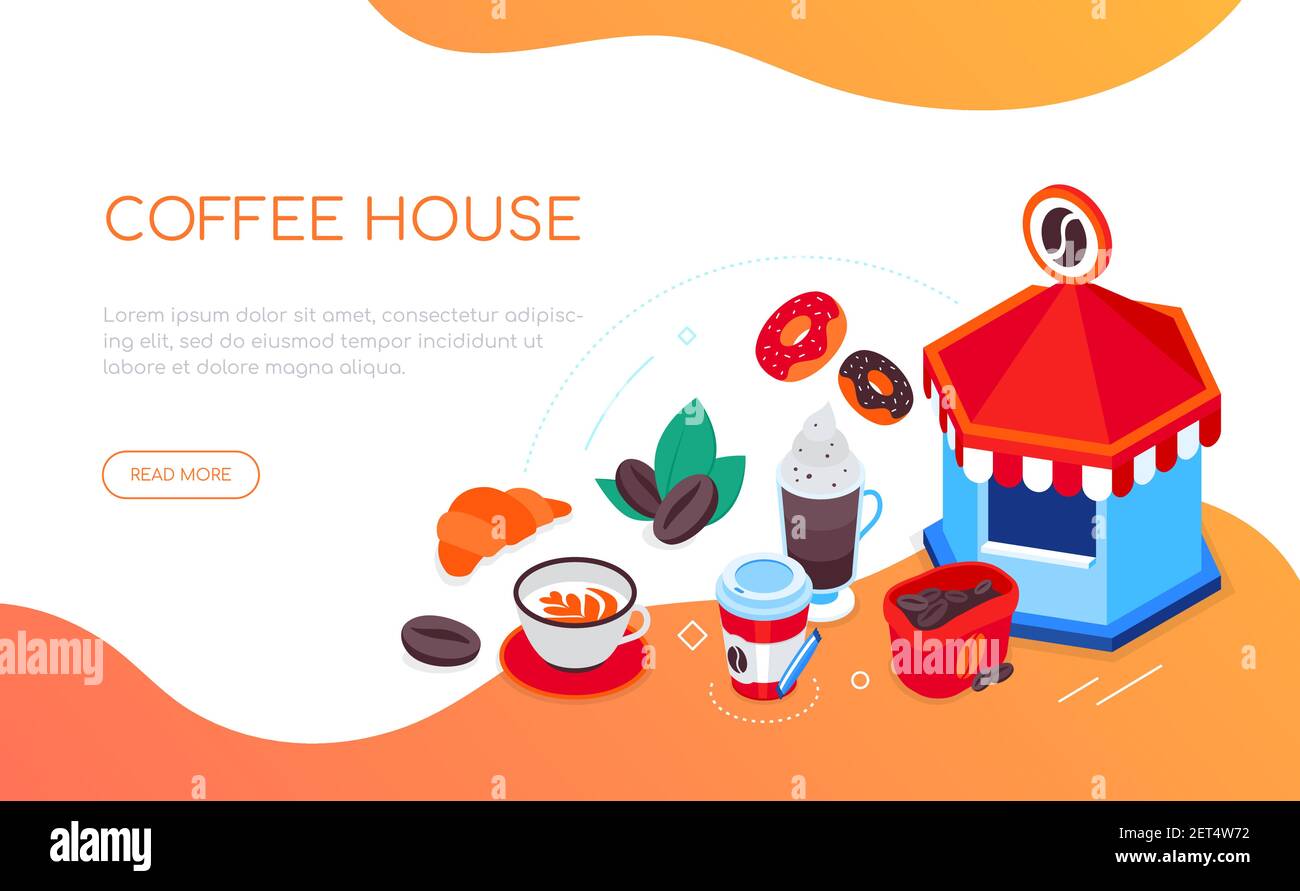 Coffee house - modern colorful isometric web banner with copy space for text. Cafe with hot beverages or shop idea. Latte, cappuccino, to go hot drink Stock Vector