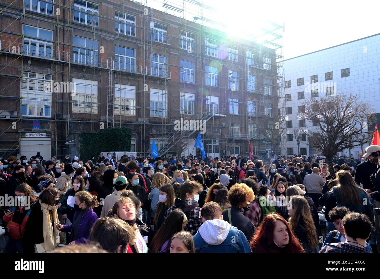 Brussels, Belgium. 01st Mar, 2021. Students gather to protest against isolation and precariousness at the Universite Libre de Bruxelles in Brussels, Belgium on March 1st, 2021. Credit: ALEXANDROS MICHAILIDIS/Alamy Live News Stock Photo