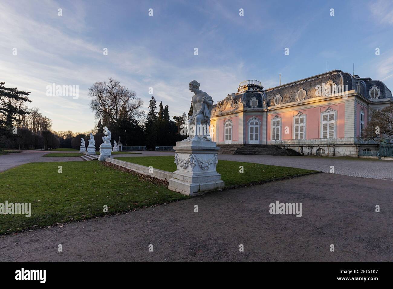Duesseldorf-Benrath - View to rear side of Castle Benrath with Statues, North Rhine Westphalia, Germany, 06.01.2020 Stock Photo