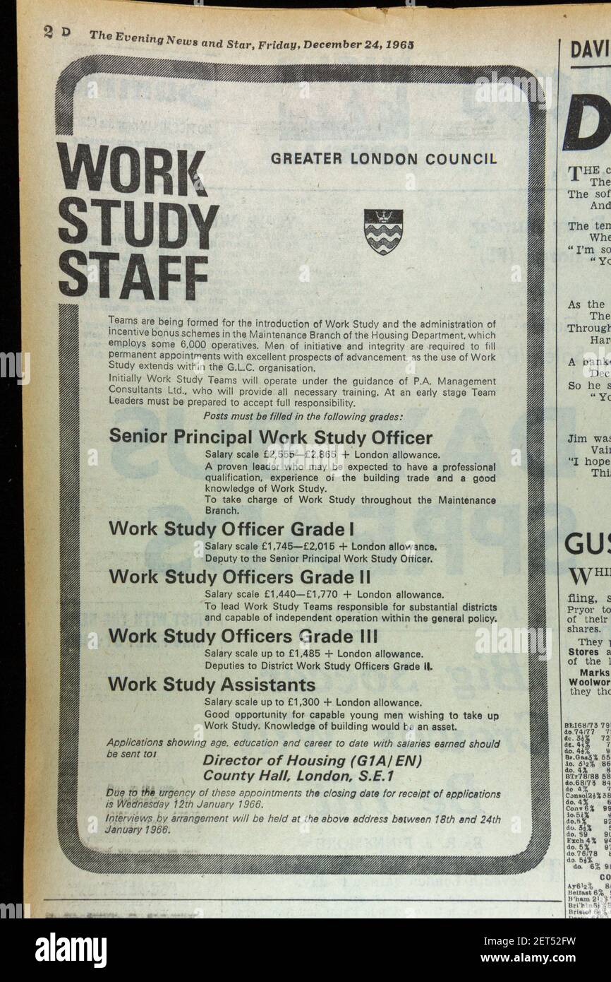 Advert for job vacancies with Greater London Council (GLC) the Evening News newspaper (Friday 24th December 1965), London, UK. Stock Photo