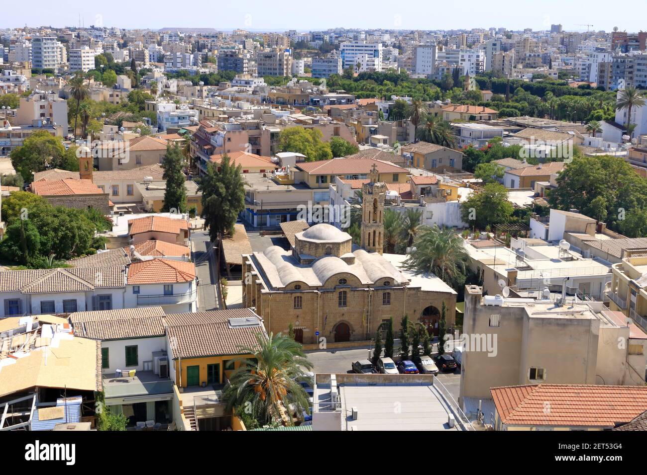 October 03 2020 - NICOSIA/Cyprus: View of Nicosia (Lefkosia), the last divided capital of the world from Shacolas (or 'Siakolas') tower, the eastern v Stock Photo