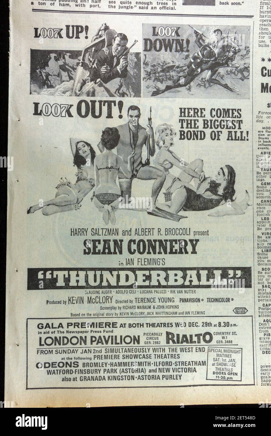 Advert for 'Thunderball', the James Bond film starring Sean Connery in the Evening News newspaper (Friday 24th December 1965), London, UK. Stock Photo