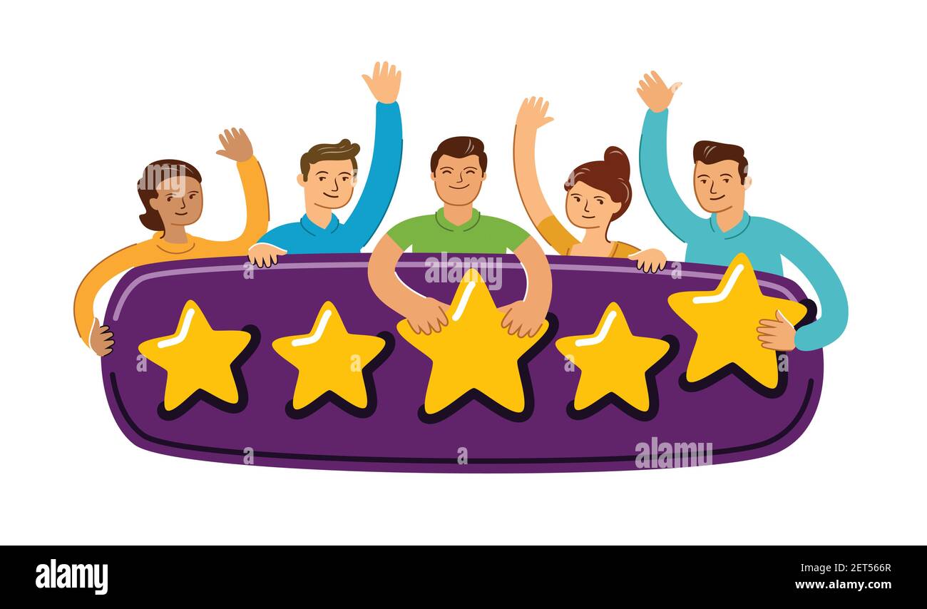 Group of people giving a five star rating. Good feedback concept vector illustration flat style Stock Vector