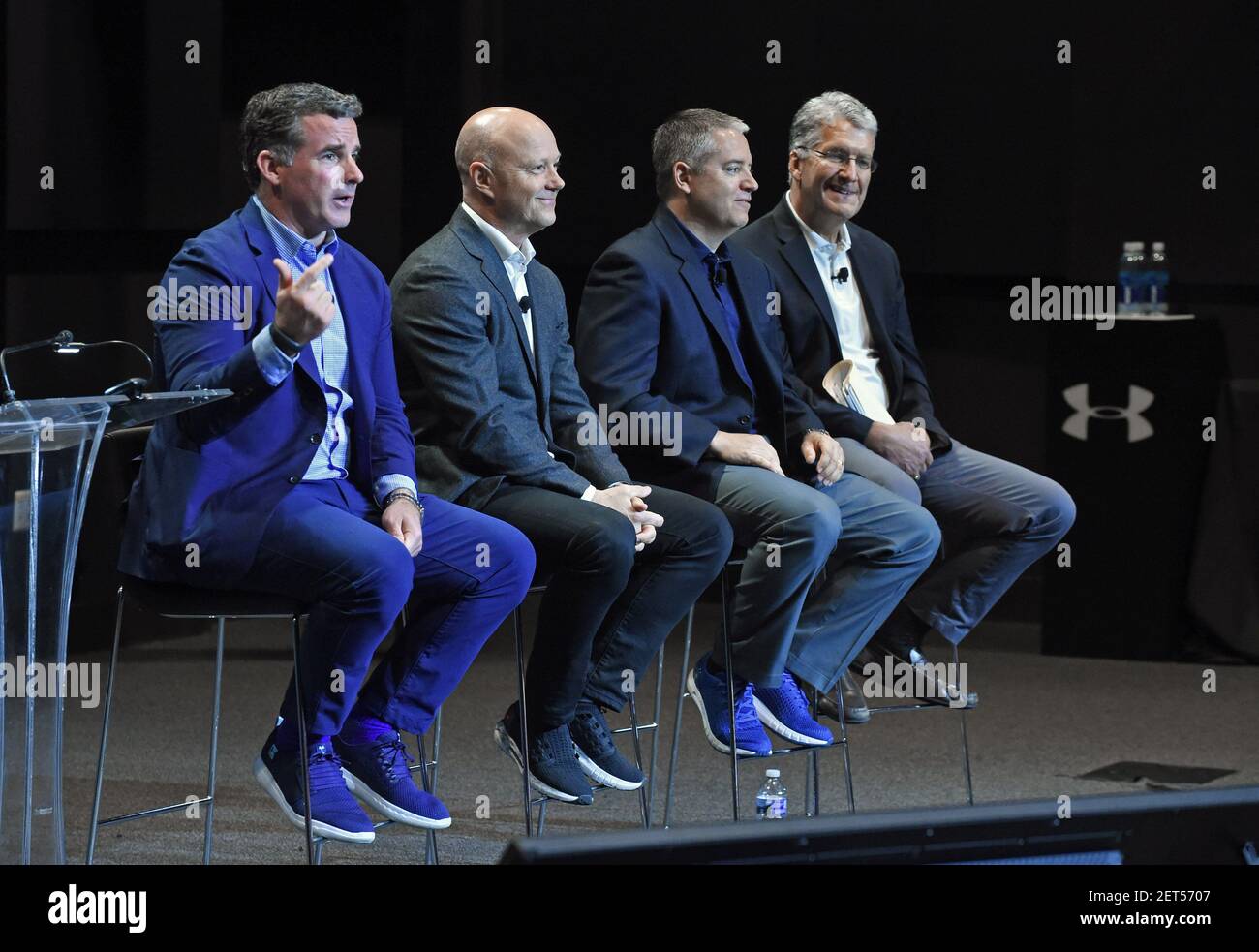 Under Armour founder and CEO Kevin Plank, left, and other top company  executives answer questions from shareholders during the company's annual  stockholder's meeting in May. (Kenneth K. Lam/The Baltimore Sun/TNS/Sipa  USA Stock