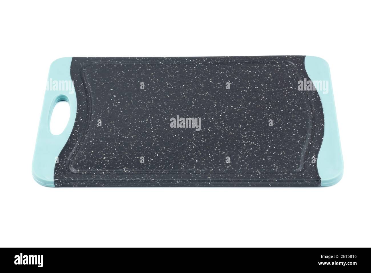 Black plastic cutting board isolated on white background. Stock Photo