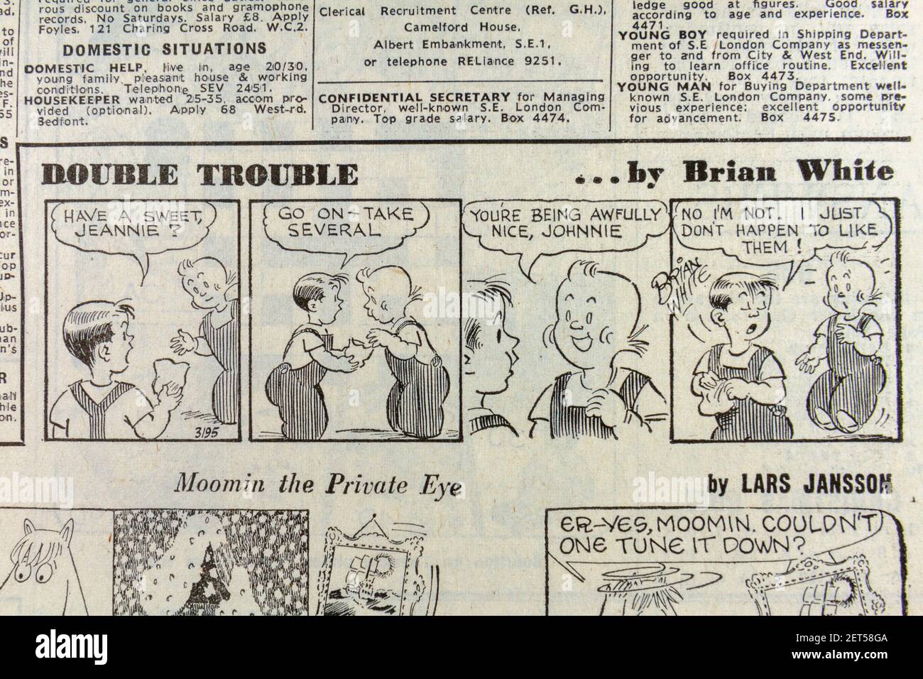 'Double Trouble' comic strip by Brian White in the Evening News newspaper (Friday 24th December 1965), London, UK. Stock Photo