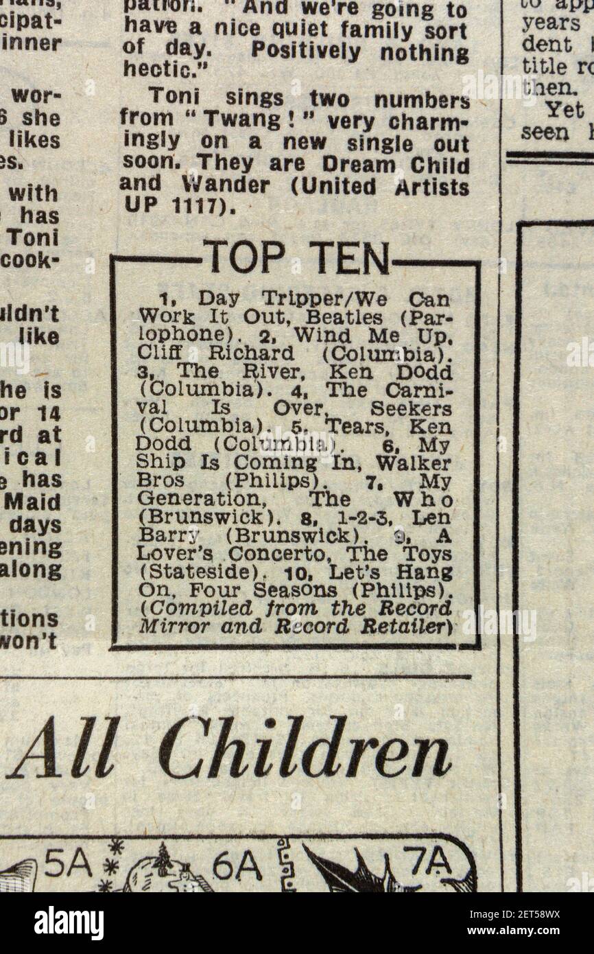 Top Ten music charts with 'Day Tripper' by The Beatles at No 1, Evening News newspaper (Friday 24th December 1965), London, UK. Stock Photo
