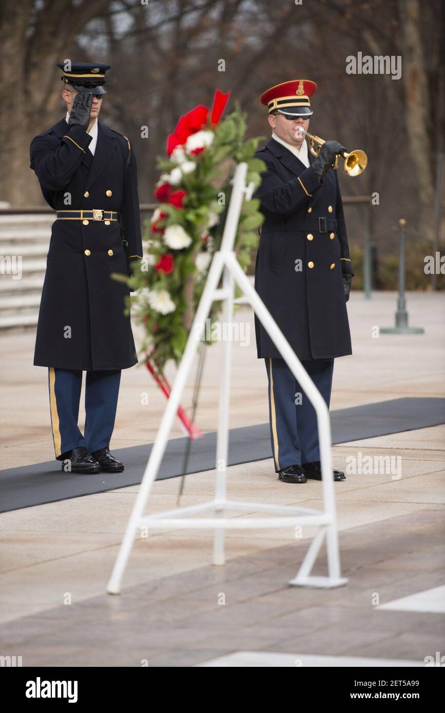 Paul “Triple H” Levesque and WWE Chief Brand Officer Stephanie McMahon place a wreath at the Tomb of the Unknown Soldier in Arlington National Cemetery (31623507965). Stock Photo