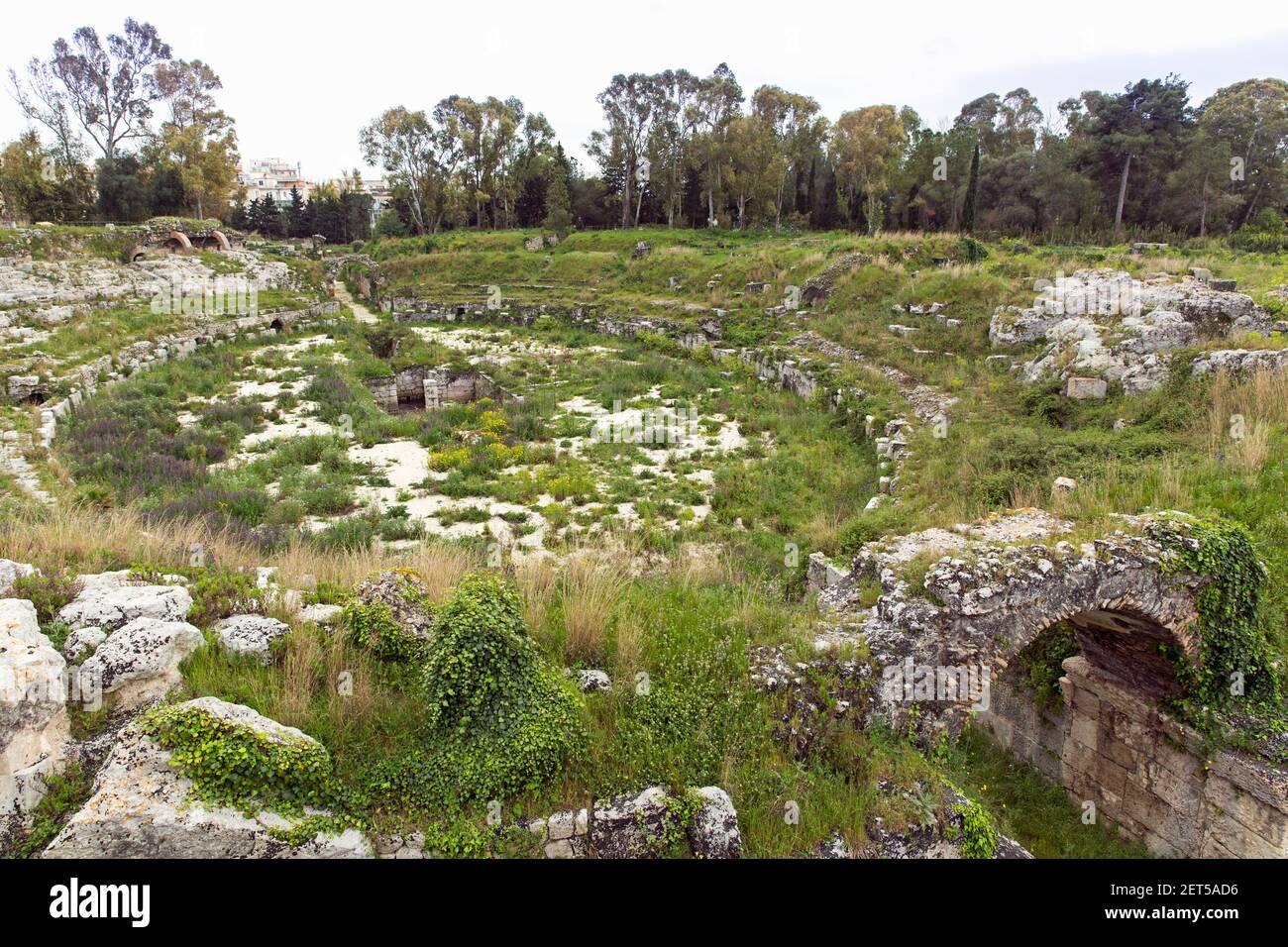 Italy,Sicily, Siracusa, Parco Archeologigo della Neapolis, Anfiteatro Roman, remains of a Roman arena built in 3rd Century AD Stock Photo