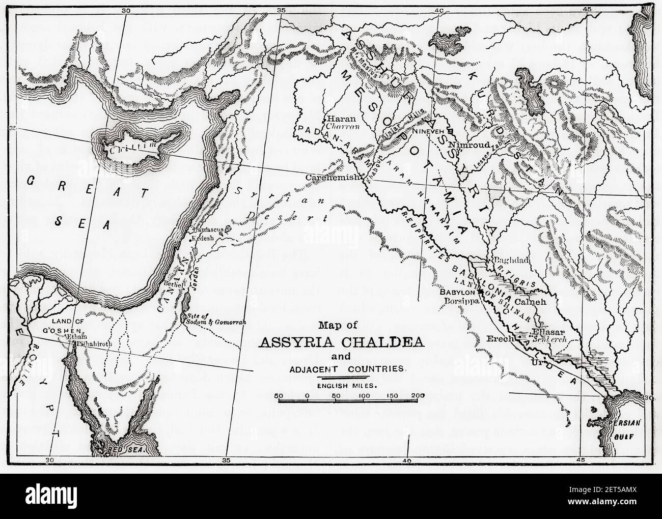 Map of Assyria Chaldea and adjacent countries. From Cassell's Universal History, published 1888. Stock Photo