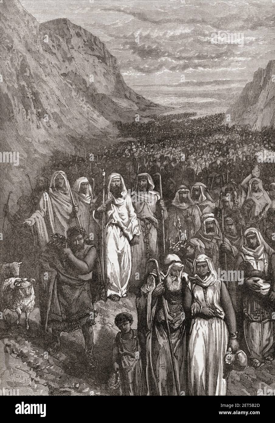 March of the Israelites.  The prophet Moses leads the Israelites out of Egypt and through the wilderness to Mount Sinai.  From Cassell's Universal History, published 1888. Stock Photo